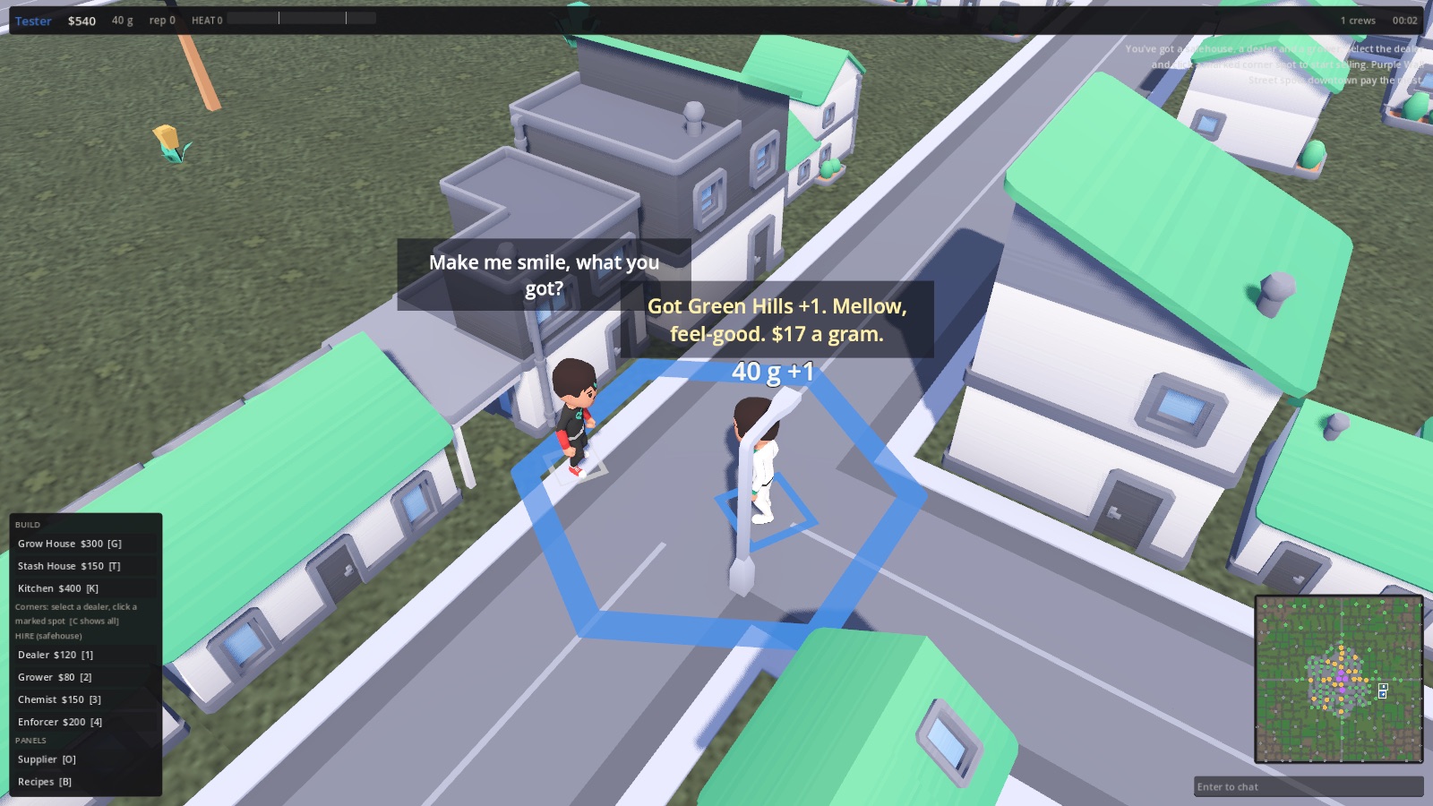 A customer and a dealer talking on a corner with speech bubbles