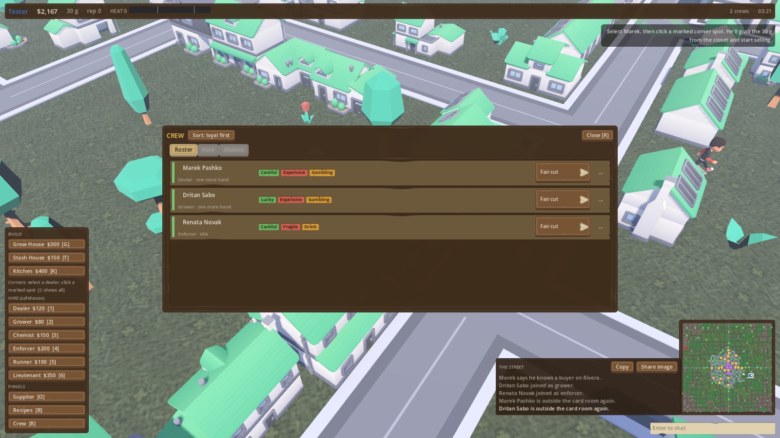 Crew roster panel with names, traits, vices and cut levels
