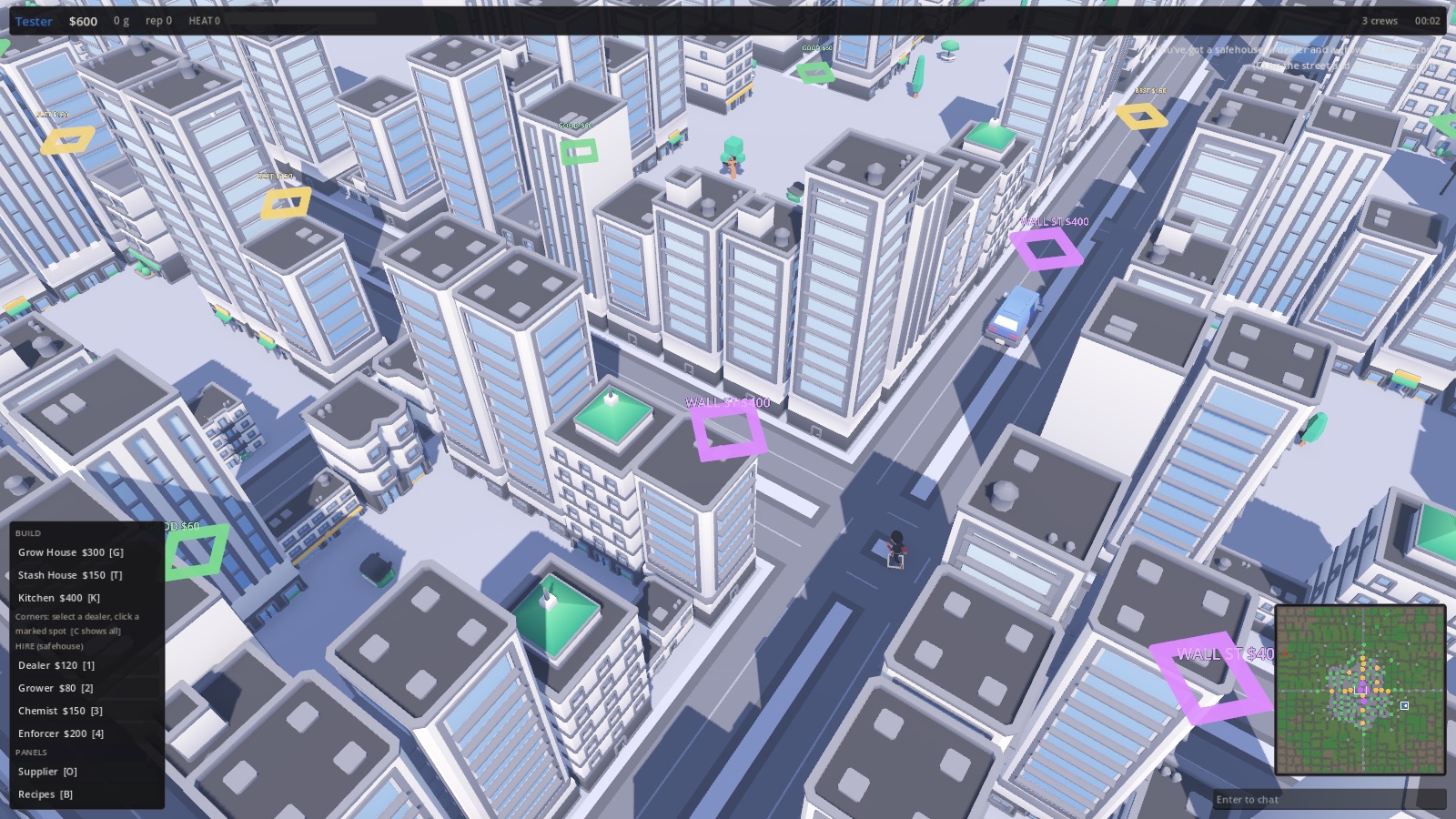 Downtown with corner spot markers in green, gold and purple